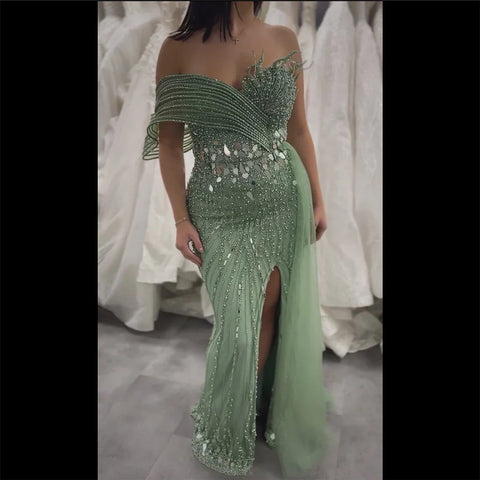 Vestido de noche de sirena con un solo hombro, abertura y detalle de tul, con cuentas rosas para ocasiones formales LA72888 2025