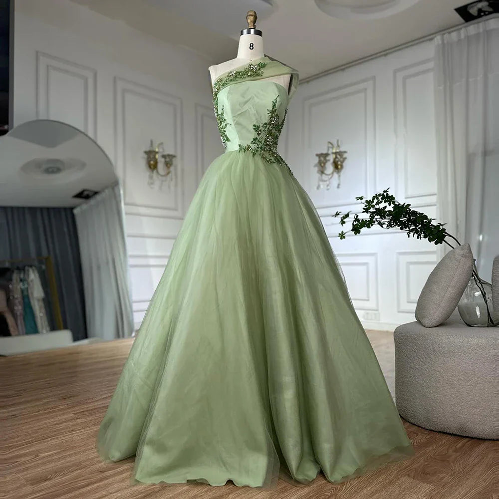 Vestido de noche largo árabe elegante de un solo hombro, corte en A, apliques, color verde salvia, ideal para ocasiones formales (LA72783) 