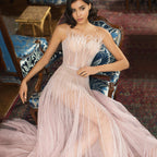 Pink A-Line Strapless Sexy Evening Dresses Gowns 2025 Luxury Feather Beaded For Women Wedding Party LA71646