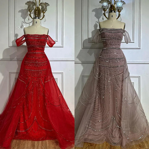 Vestido de noche de sirena rosa árabe con cuentas y sobrefalda de satén desmontable para ocasiones formales LA72781 