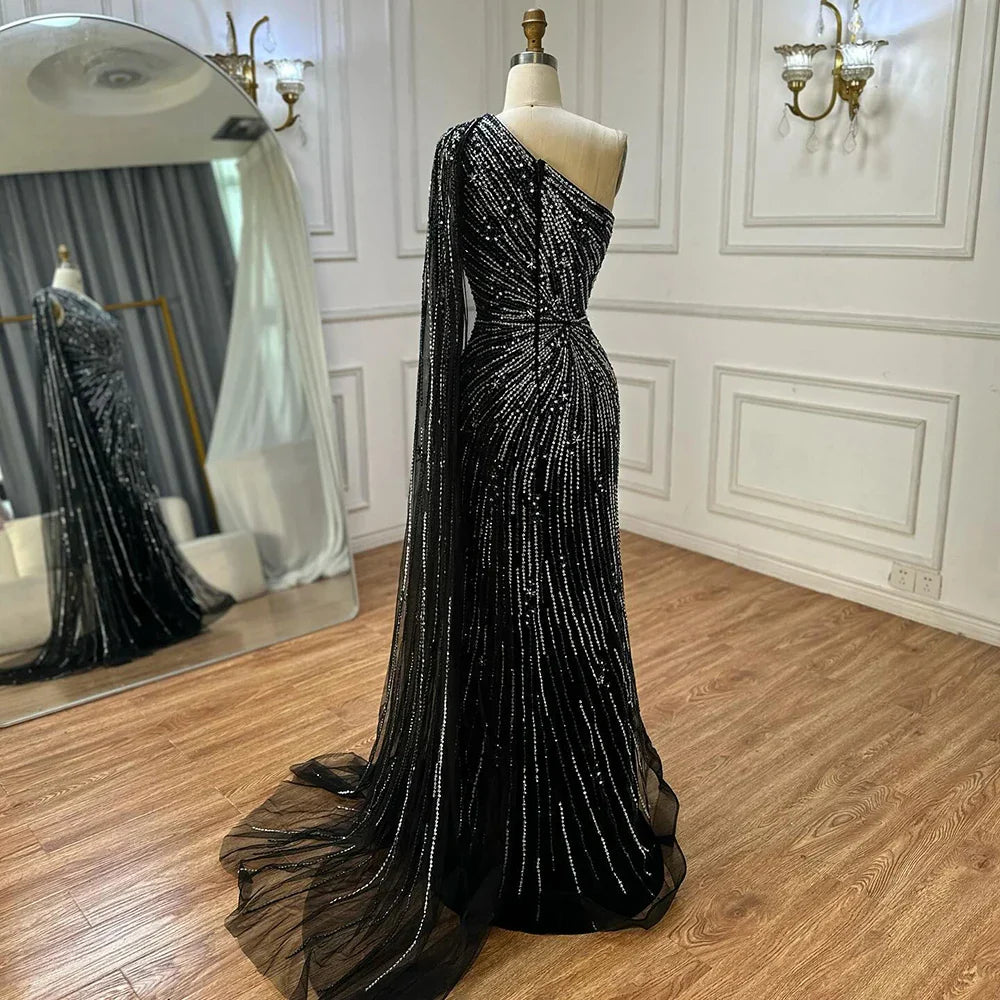 Vestido de noche de sirena con abertura alta y un solo hombro, con cuentas, estilo saudí, color negro, para ocasiones formales LA72829 