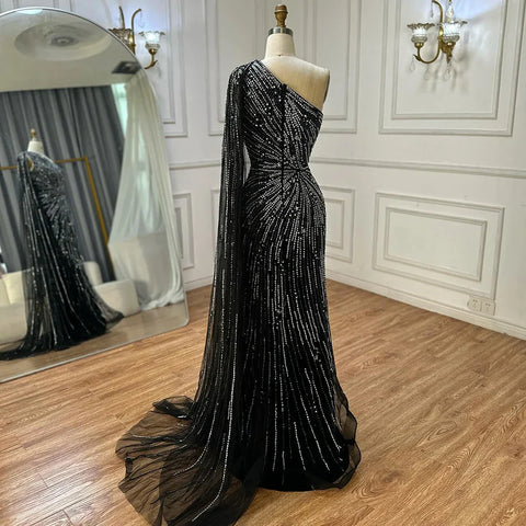 Robe de soirée sirène noire saoudienne à une épaule et fente haute, avec perles, pour une occasion formelle, LA72829, 2025 