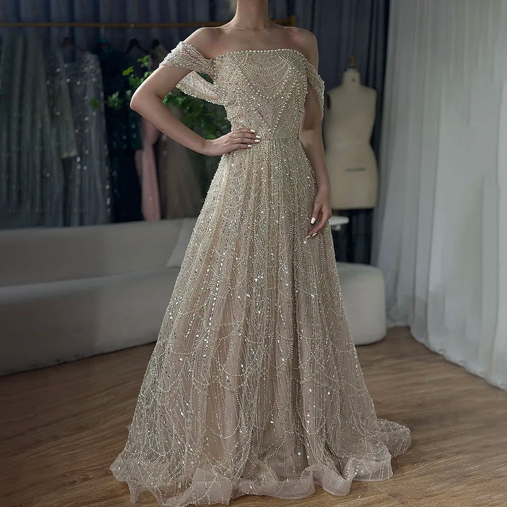 Vestidos de noche corte A con diseño de perlas color nude y cuentas, estilo árabe saudí, para ocasiones formales LA72738 