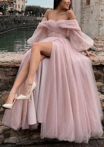Vestido de fiesta de lujo de Dubái, corte en A, estilo árabe, color rosa, con hombros descubiertos y abertura lateral, modelo LA72677 (2025) 