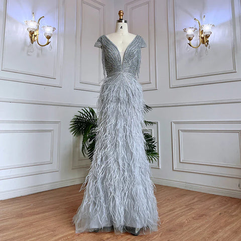 Vestido de noche de sirena marrón, elegante y lujoso, con cuentas y plumas LA70801 