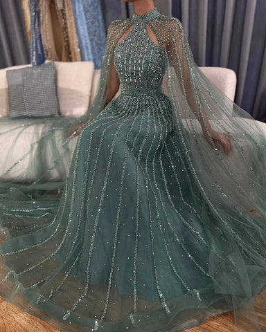 Robe de soirée de luxe style arabe turquoise, coupe trapèze, manches cape, perles, style Dubaï, pour femmes, fête de mariage, 2025, LA72306A 