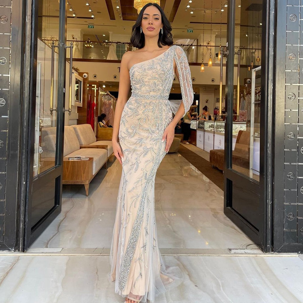 Vestido de noche gris nude de un solo hombro, elegante y con cuentas, estilo sirena, para mujer, ideal para fiestas (LA71886) 