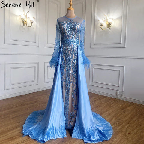 Vestidos de noche de lujo estilo sirena, con plumas y mangas largas azules, estilo sirena, colección 2025 LA60932 