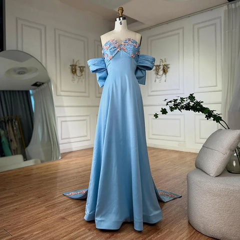 Vestido de noche árabe azul sin tirantes con cuentas, corte en A, estilo saudí, para ocasiones formales LA72792 