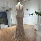 Vestido de noche árabe de lujo con perlas y cuentas, estilo sirena color nude, para ocasiones formales (LA72648) 