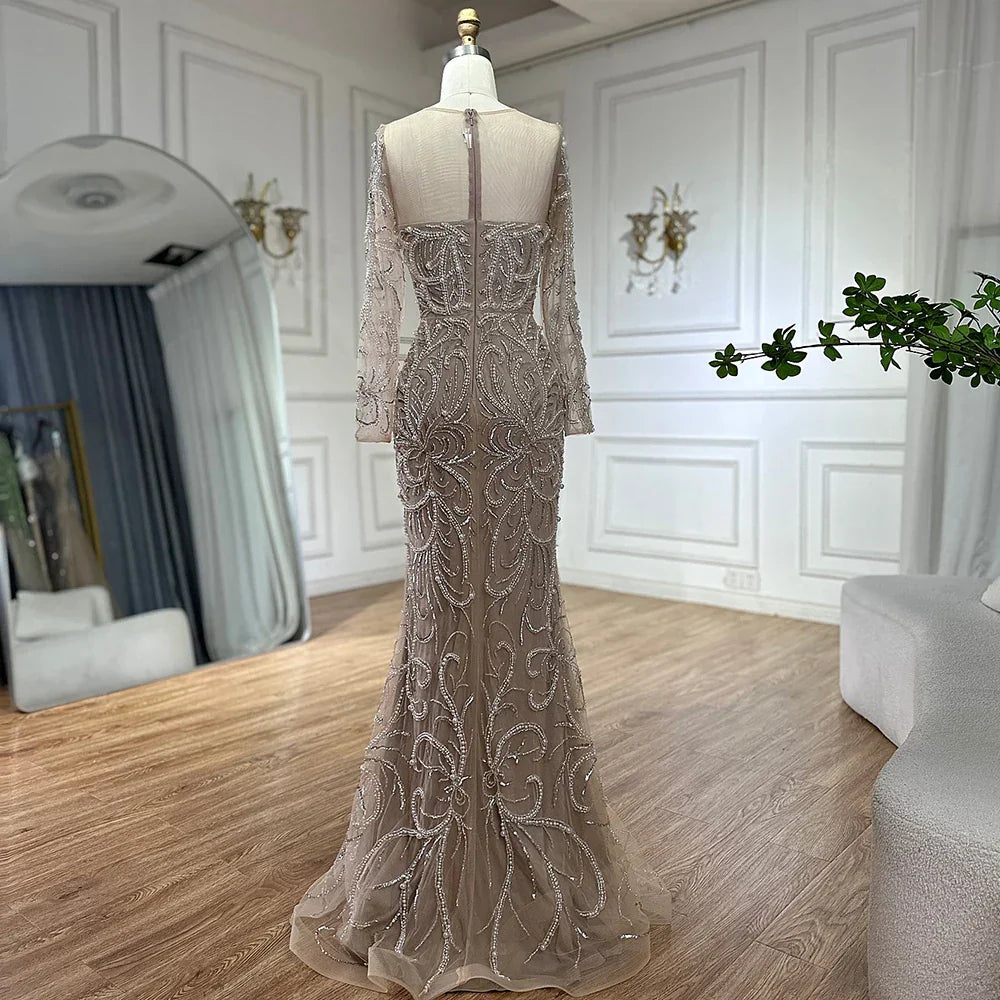 Vestido de noche árabe de lujo con perlas y cuentas, estilo sirena color nude, para ocasiones formales (LA72648) 