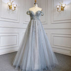 Grey Blue A-Line Sexy Strappy Skirt Cap Sleeve Luxury Beaded Evening Dresses Gowns 2025 For Women Party LA71740