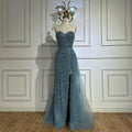 Vestido de noche saudí para ocasiones formales, elegante vestido azul con cuentas y abertura, modelo LA72877 (2025) 