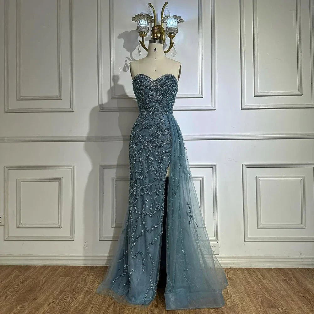 Vestido de noche saudí para ocasiones formales, elegante vestido azul con cuentas y abertura, modelo LA72877 (2025) 