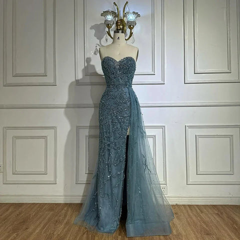 Robe de soirée élégante de style arabe saoudien 2025, robe bleue perlée avec fente, pour une occasion formelle, LA72877 