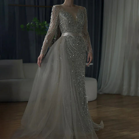 Elegante vestido de noche morado de sirena con falda de encaje y cuentas, ideal para bodas 2025 LA71752 