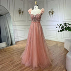 Arabic Elegant Peach Beaded A-Line Evening Gown 2025 Boat Neck Luxury Dress for Women Long Party Dress LA72324