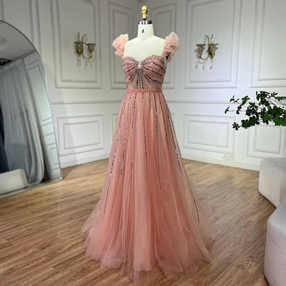 Arabic Elegant Peach Beaded A-Line Evening Gown 2025 Boat Neck Luxury Dress for Women Long Party Dress LA72324