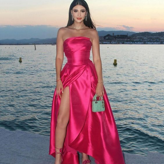 Robe de soirée rose classique pour femme, coupe trapèze, référence Y5431