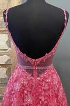 Vestido largo de fiesta de encaje rosa fucsia con escote en V y cuentas, corte en A, vestido de noche formal de graduación de encaje rosa fucsia Y216