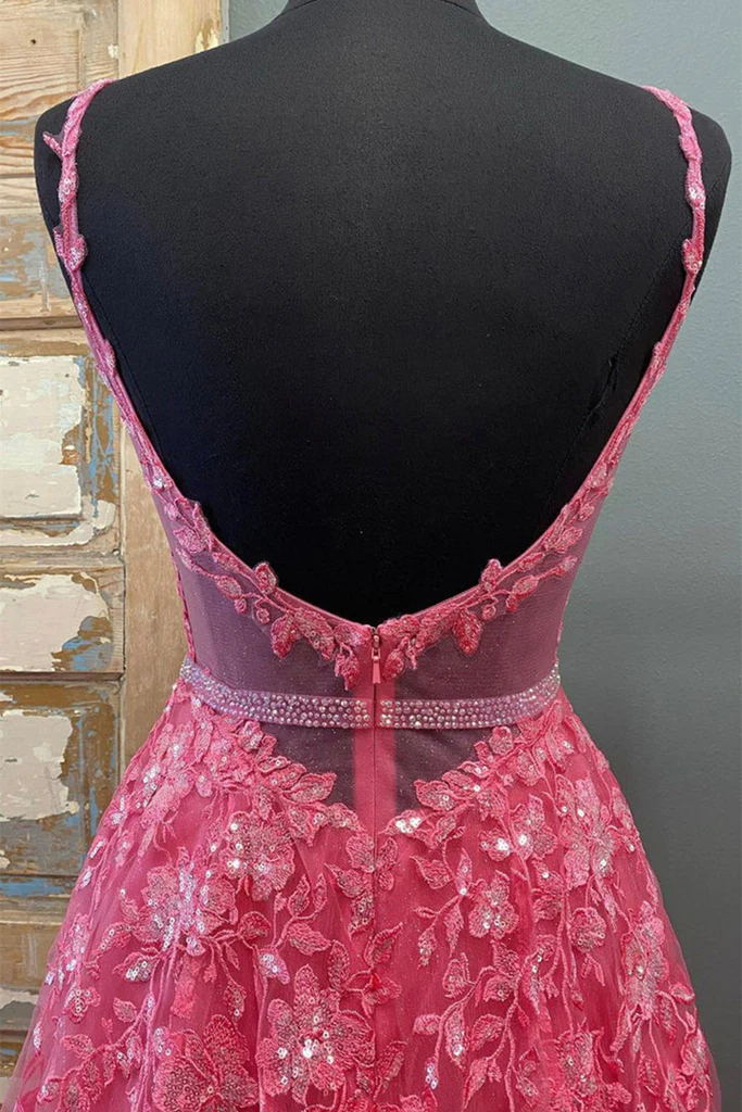 Vestido largo de fiesta de encaje rosa fucsia con escote en V y cuentas, corte en A, vestido de noche formal de graduación de encaje rosa fucsia Y216