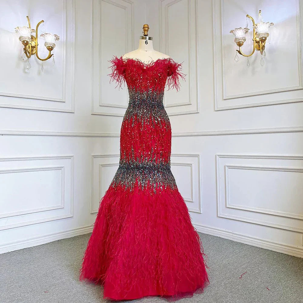 Dubai Pink Sexy Mermaid Evening Dresses Design Luxury Crystal Feathers Sleeveless Formal Gowns 2025 LA70242