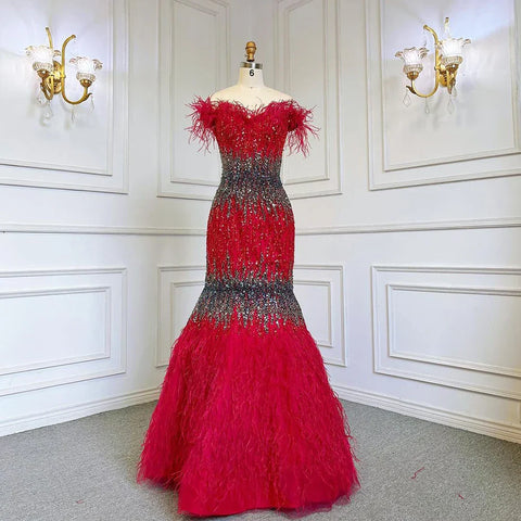 Dubai Pink Sexy Mermaid Evening Dresses Design Luxury Crystal Feathers Sleeveless Formal Gowns 2025 LA70242