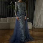 Dubai Mermaid Beaded Luxury Blue Muslim  Evening Dresses Gowns  with Detachable Skirt 2025 For Women Party LA71750