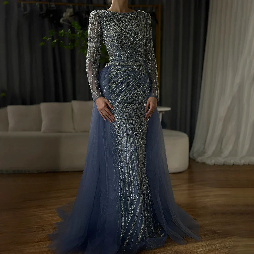 Dubai Mermaid Beaded Luxury Blue Muslim  Evening Dresses Gowns  with Detachable Skirt 2025 For Women Party LA71750