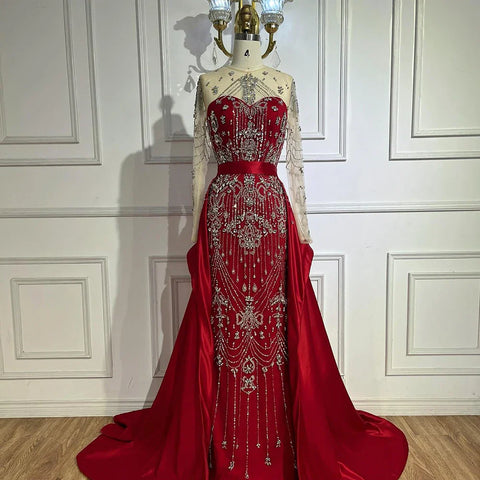 Vestidos de noche de lujo azules con cuentas, de manga larga y sobrefalda LA72757