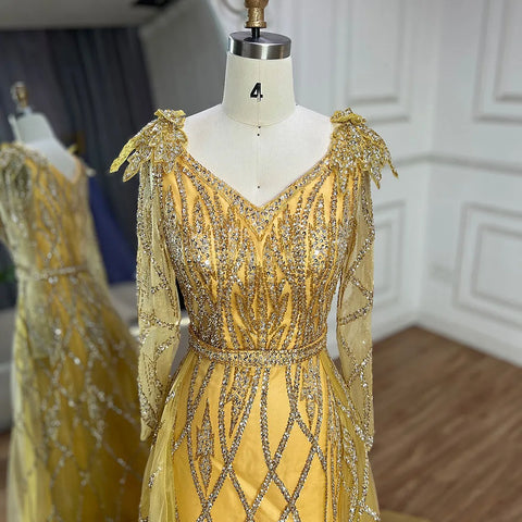 Muslim Gold Mermaid  With Overskirt Beaded Luxury Dubai Evening Dresses Gowns 2025 For Women Wedding Party LA72211