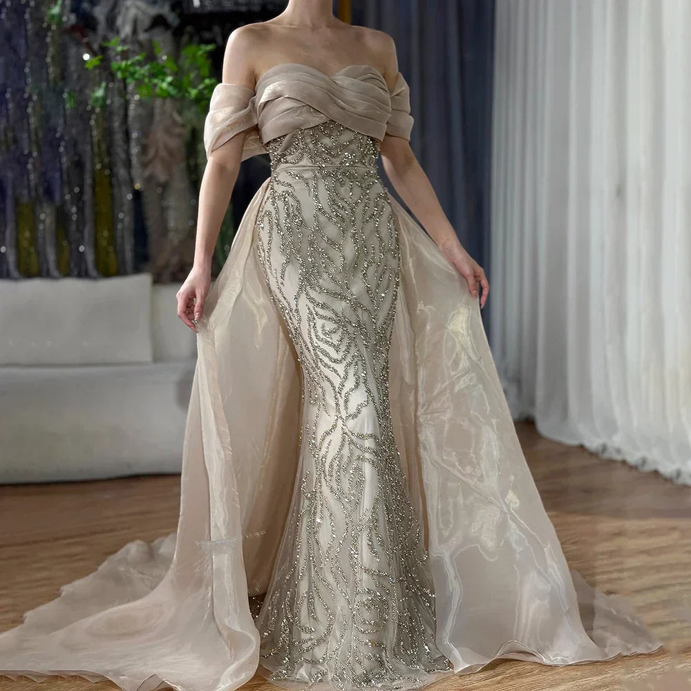 Robe de soirée sirène élégante à perles blanches, style arabe, avec jupe, luxueuse robe de soirée de Dubaï, pour femmes, 2025 LA72398 