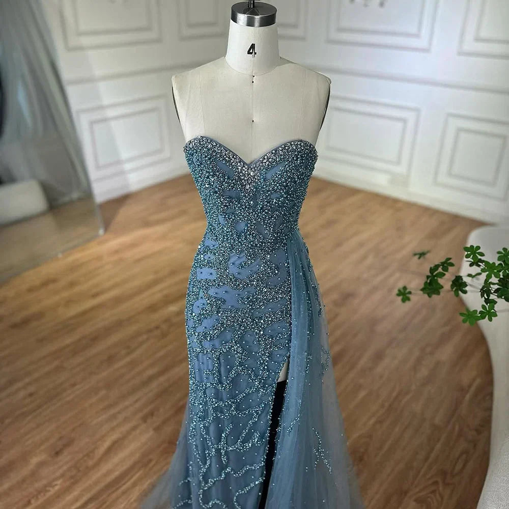 Vestido de noche saudí para ocasiones formales, elegante vestido azul con cuentas y abertura, modelo LA72877 (2025) 