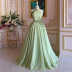 Vestido de noche largo árabe elegante de un solo hombro, corte en A, apliques, color verde salvia, ideal para ocasiones formales (LA72783) 