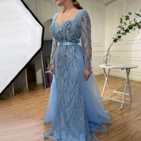 Blue Mermaid Luxury Pearls Beaded Arabic Elegant Evening Dresses Gowns For Woman Wedding Party LA71861