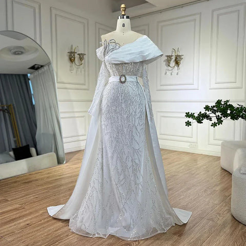 Luxury Arabic Nude Pearls Beaded Evening Dresses Dubai Elegant One Shoulder Women Wedding Party Gowns 2025 LA72486