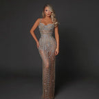 Luxury Dubai Arabic Silver Strapless Mermaid Evening Dresses Gowns Pearls Beaded for Women Wedding Party 2025 LA72576