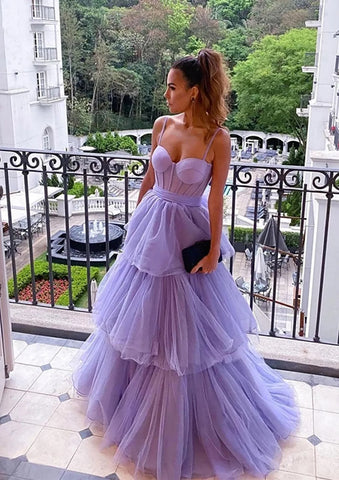 Robe de bal longue en tulle à volants, coupe trapèze, bretelles spaghetti, style arabe lilas, pour femme, LA72681, 2025 