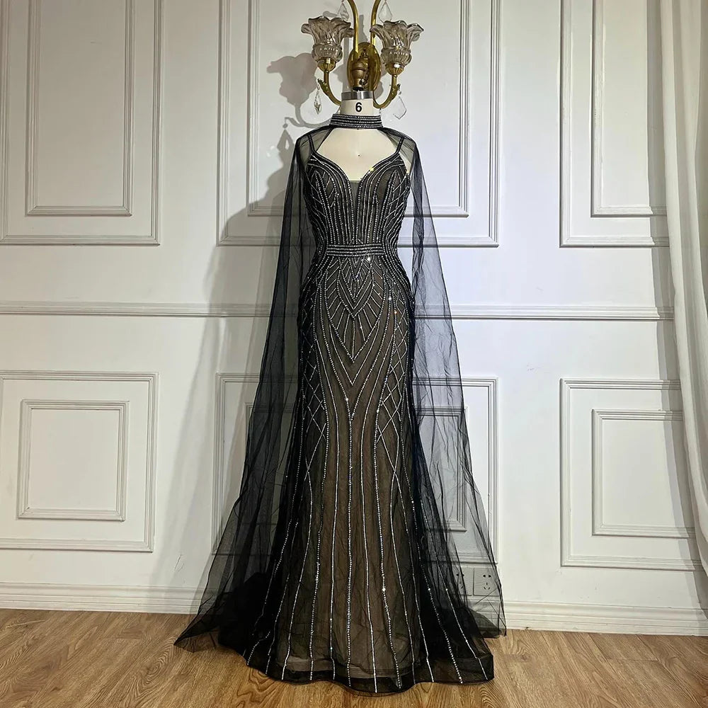 Vestidos de noche árabes estilo sirena verde saudí 2025 con mangas de capa con cuentas para ocasiones formales LA72838 
