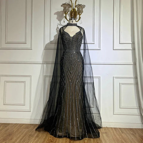 Robe de soirée sirène verte saoudienne 2025 avec manches cape perlées pour une occasion formelle LA72838 