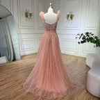 Arabic Elegant Peach Beaded A-Line Evening Gown 2025 Boat Neck Luxury Dress for Women Long Party Dress LA72324