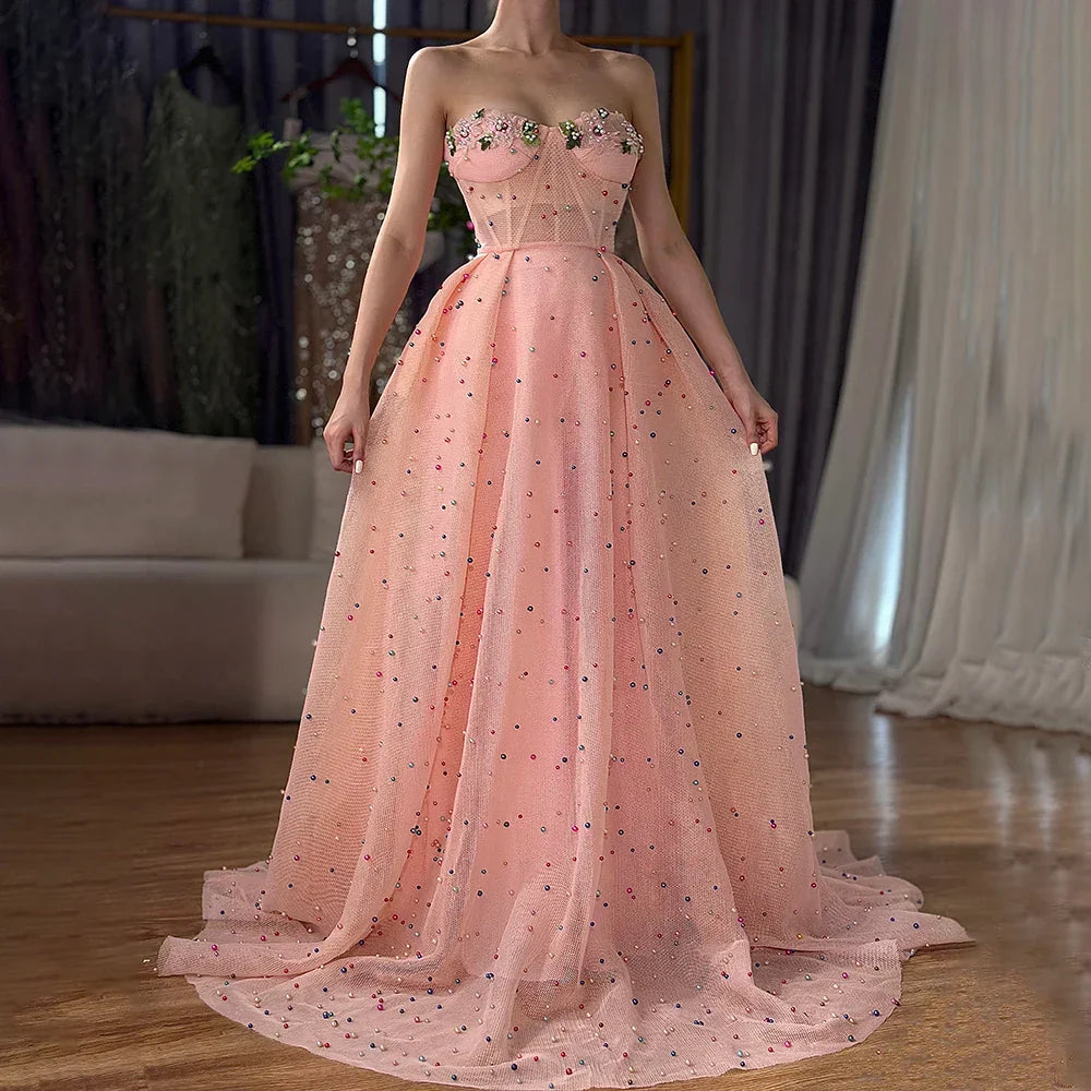 Sleeveless Illusion Tulle Evening Dresses Colored Flowers Pearls Fashion Beach LA6490