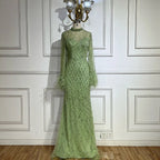 Luxury Beaded Feathers Sage Green Evening Dress Long Sleeves LA72394A