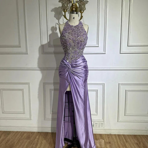 Robe de soirée sirène de luxe à perles, style arabe lilas, col licou, fendue sur le côté, style Dubaï, LA72668 