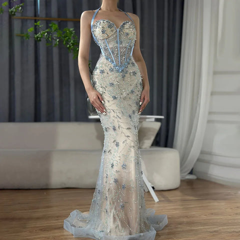 Dubai Blue Mermaid Luxury Beaded Spaghetti Strap Arabic Evening Dresses Gowns for Women Wedding Party 2025 LA72330