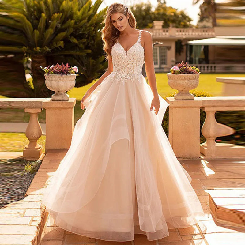 Apliques Vestido De Noiva Sexy con cuello en V Vestidos De Novia tirantes finos Vestidos De Novia De encaje bata De Mariée