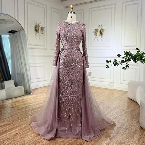 Muslim Silver Nude Mermaid Gown with Detachable Overskirt Beaded Evening Dress for Women Wedding Party 2025 LA71919