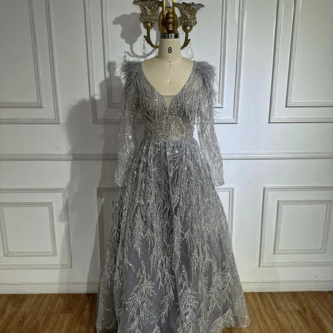 Muslim Beige A Line  Beaded Feathers Luxury Dubai Long Evening Dresses Gowns 2025 For Women Wedding Party LA72172