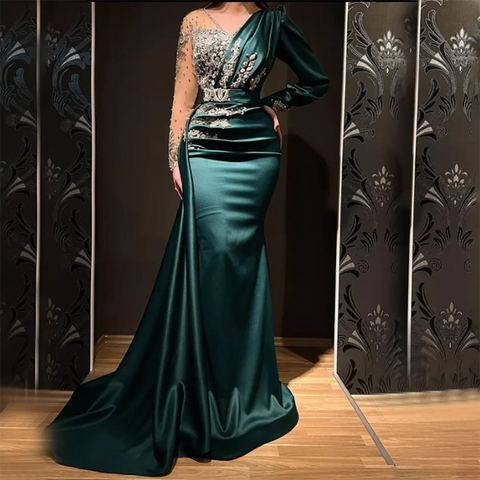 Green Mermaid Satin Evening Dresses Gowns 2025 Muslim Elegant Beaded Luxury For Women Party LA71370