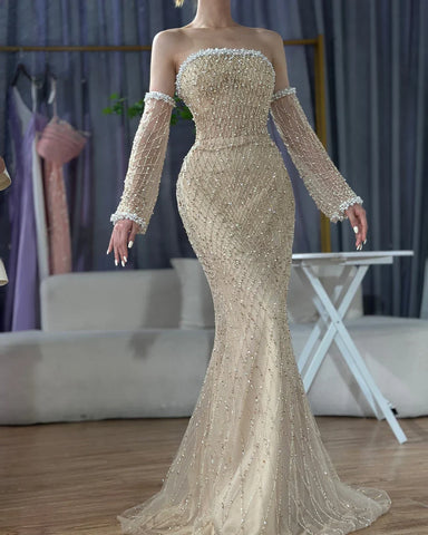 Vestido de noche árabe blanco nude elegante sin tirantes con cuentas y guantes para ocasiones formales LA72649 